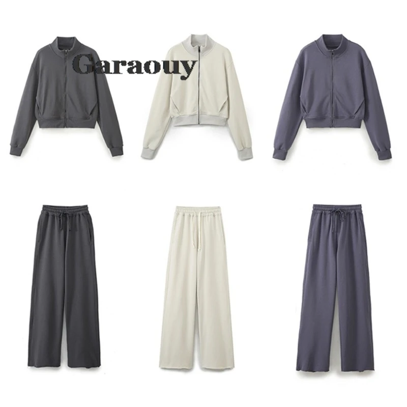 Garaouy 2024 Spring New Sweatshirt Women\'s Fashion and Casual Versatile Loose Zipper Jacket Coat Plush Slow Running Pants Set