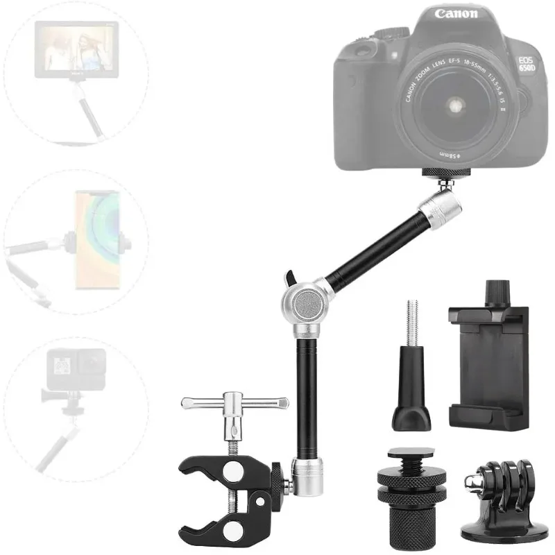 

11" Magic Arm+Super Clamp+Phone Holder+Hot Shoe Mounts Kit for Gopro 12/11/10/9/DSLR/Vlog/LCD Monitor/Ring Light/Smartphone