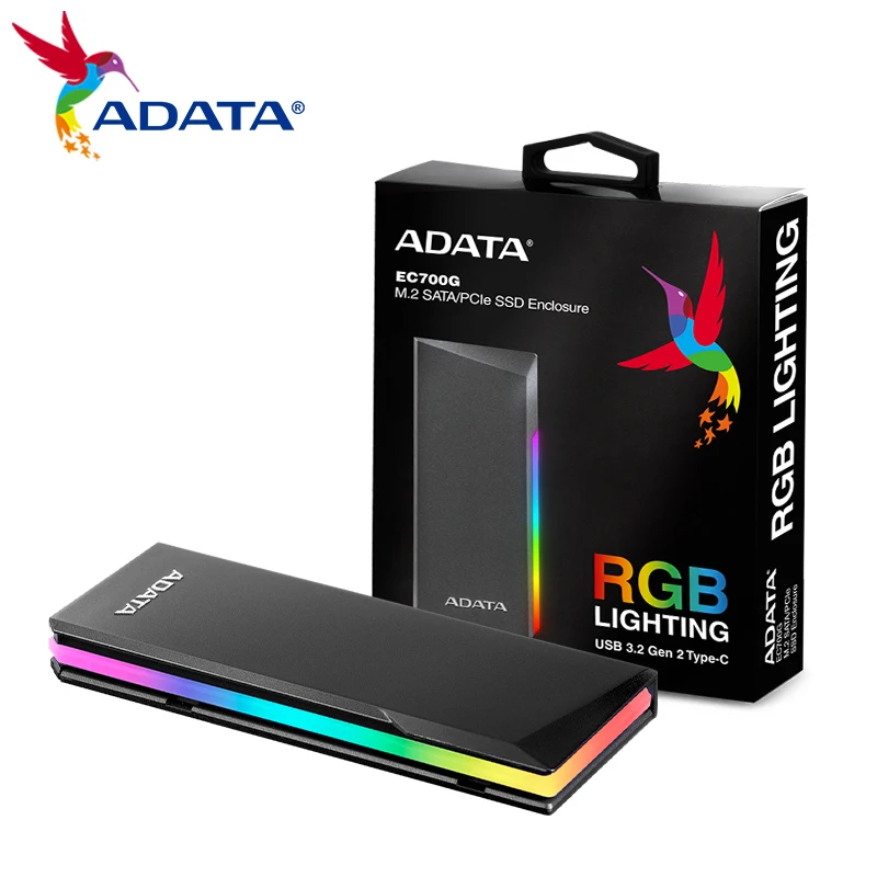 ADATA EC700G корпус для твердотельного накопителя Type-C NVMe M.2 2280 / 2242/ 2230 eSATA RGB светильник 10 Гбит/с SSD Box USB3.2 Gen2 SSD