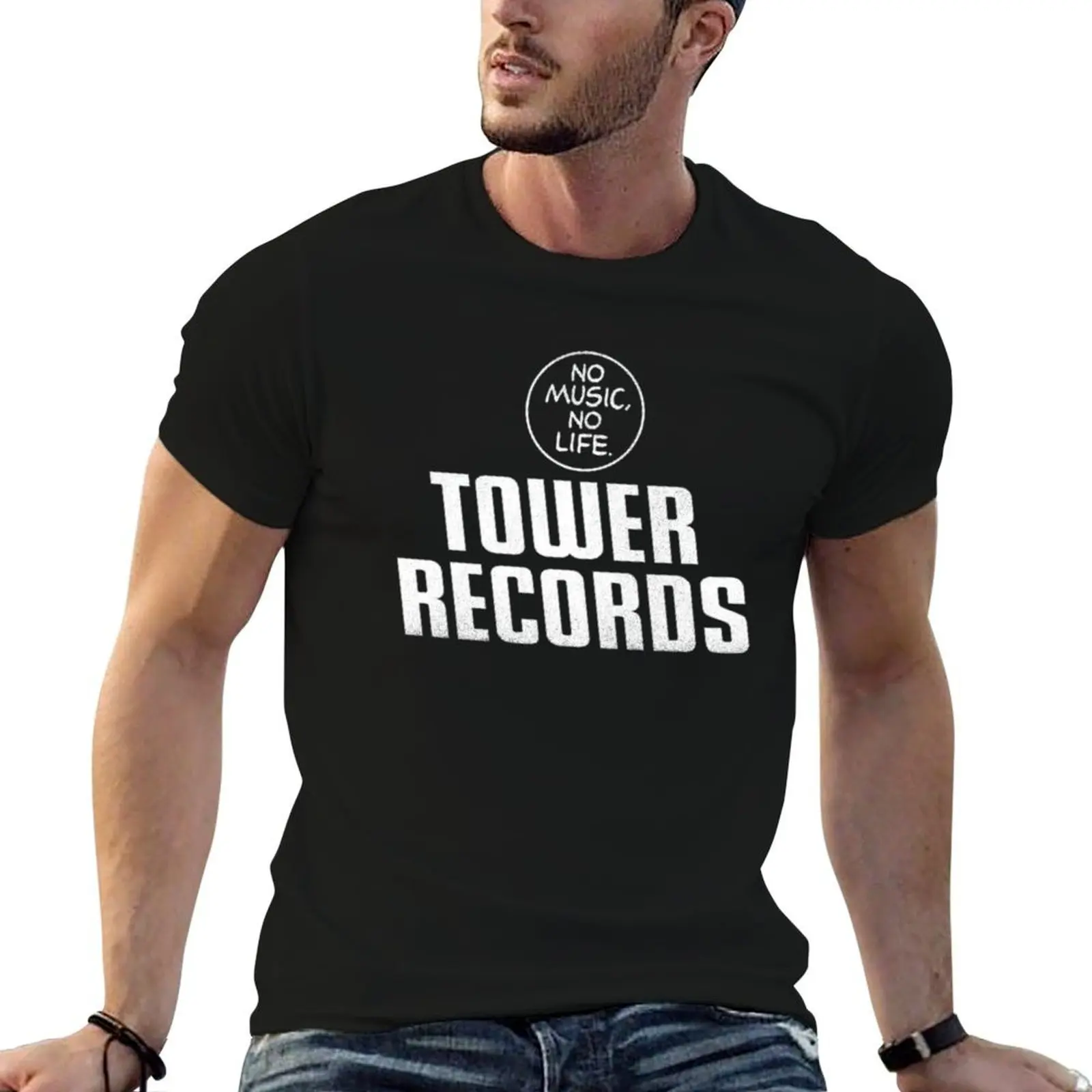 Tower Records T-Shirt summer clothes customs slim fit t shirts for men