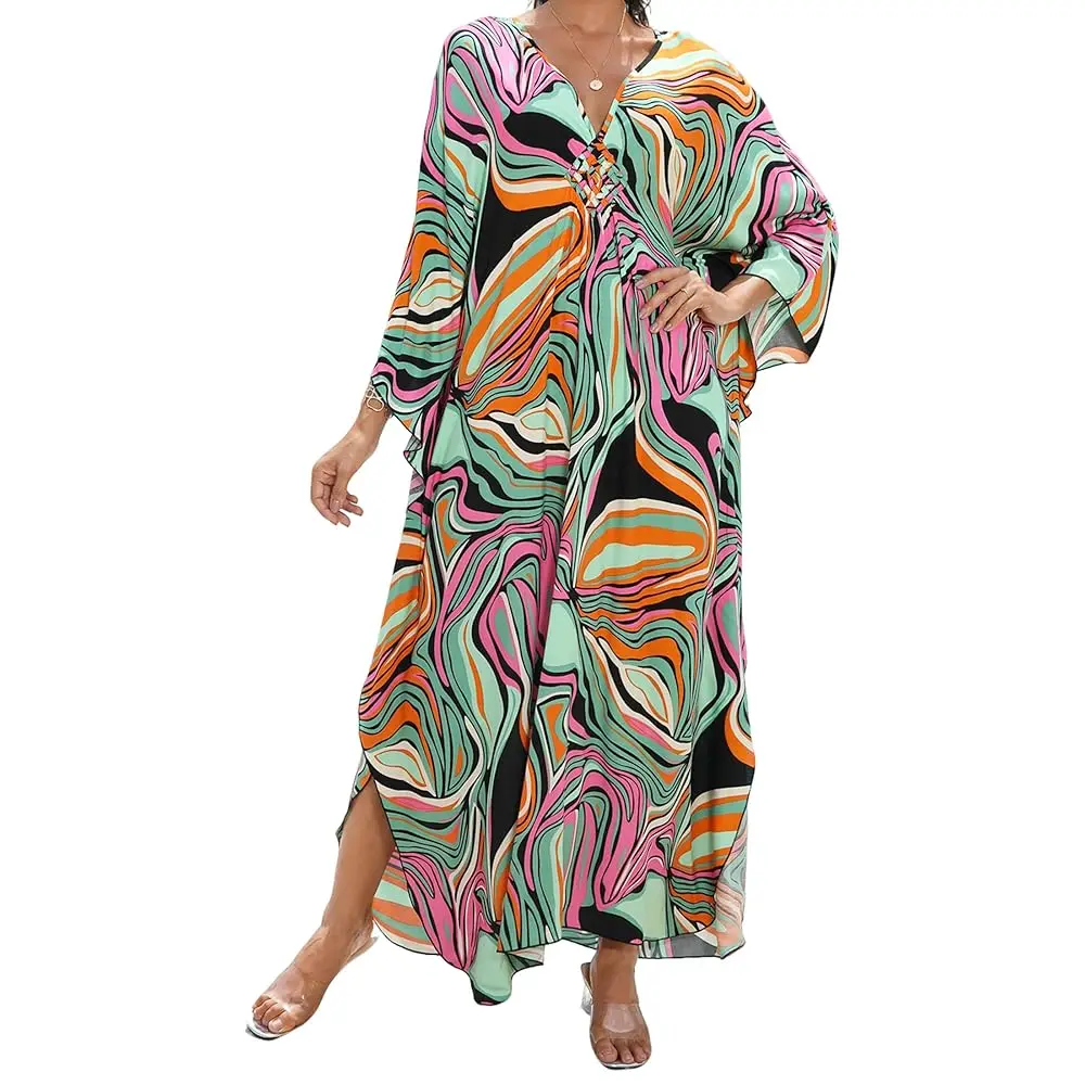 Kaftan Dress for Women,Plus Size Hawaiian Batwing Sleeve Beach Cover Up Summer Swimsuit Dresses