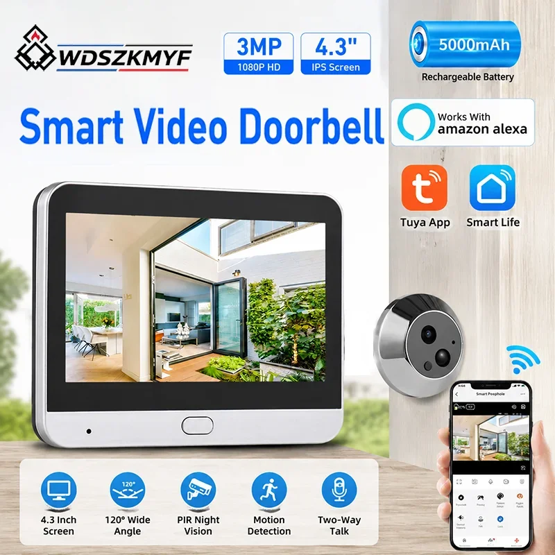 3MP Wireless Digital Door Eye Camera Tuya WiFi Peephole Cam 4.3‘’ Monitor 5000mAh PIR Alarm Two Way Audio Compatible For Alexa