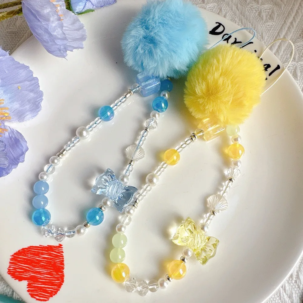 Hair Ball Beaded Phone Straps Bead Chain Sweet Girl Mobile Phone Chain Wrist Strap Charms Cellphone Pendant Bag Pendant