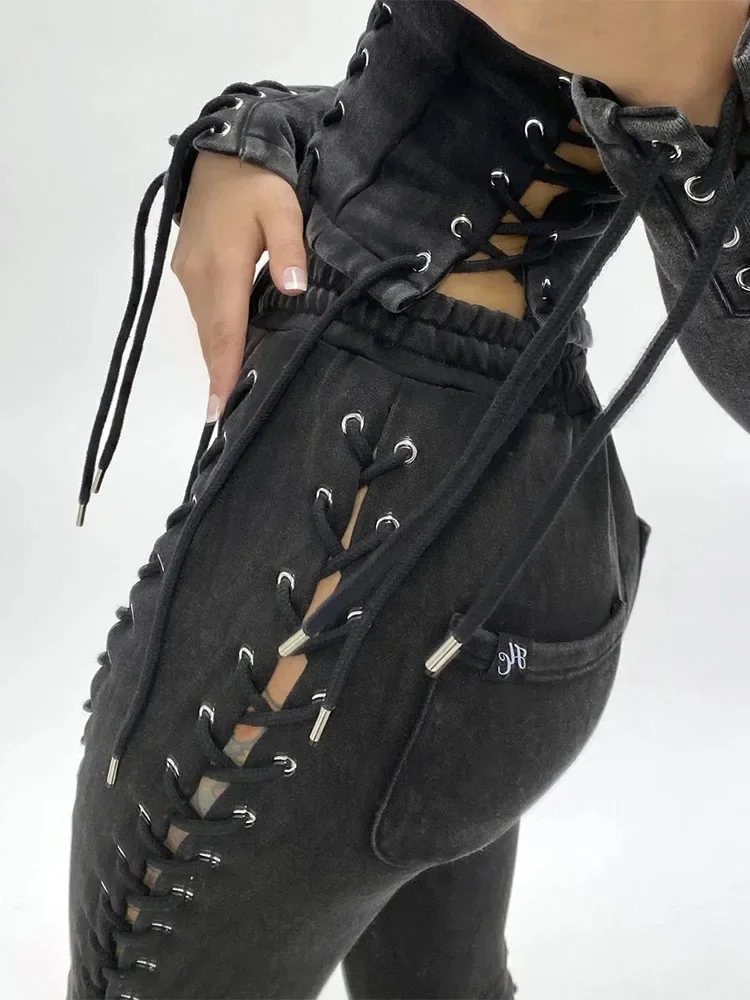 Knitted Slit Hollow Women Pants High Waist Lace Up See Through Streetpant Femme Solid Slim Fashion Streetwear Pant Ladies Sexy