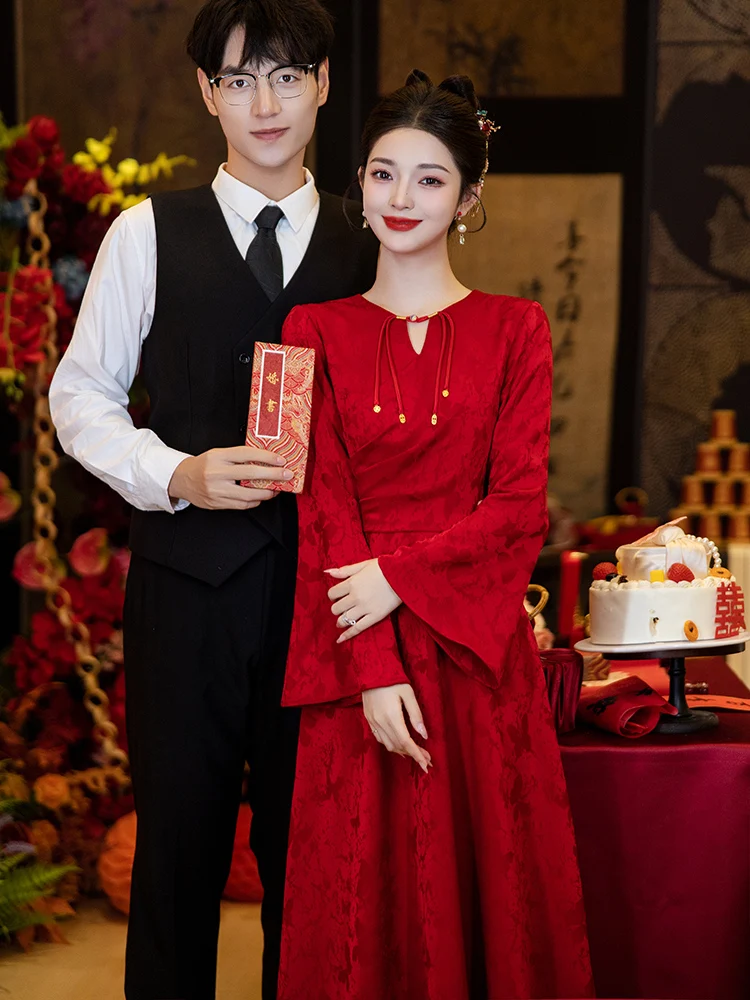 

Red Chinese Sle Wedding Dr Long Sve New Bride Dr for Wedding Day Return Home Casual Autumn Winter Ball Gown Skirt