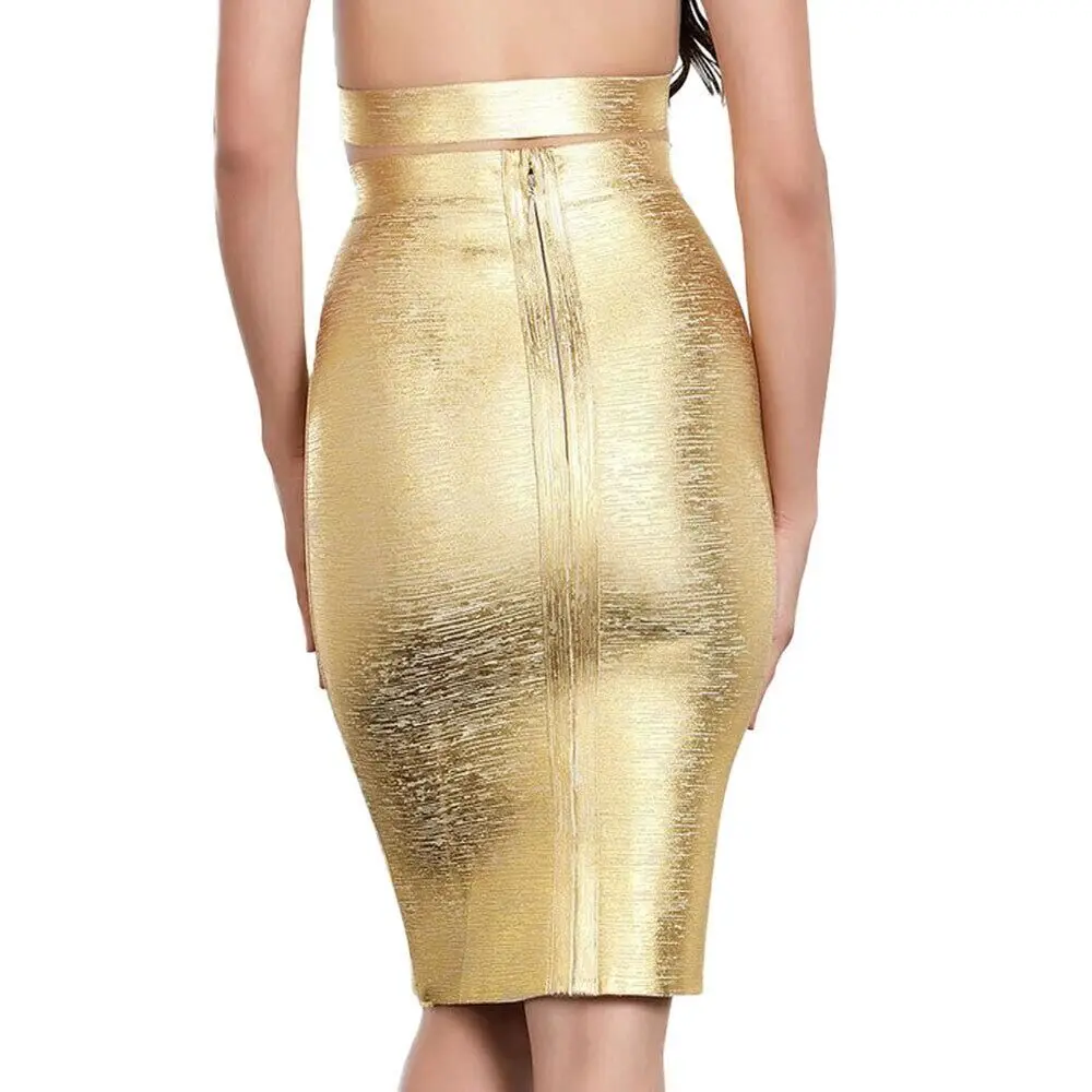 60CM Fashionable Elegant Gold And Silver Stamping High Waist Elastic Bandage OL Pencil One Step Skirt Half Skirt