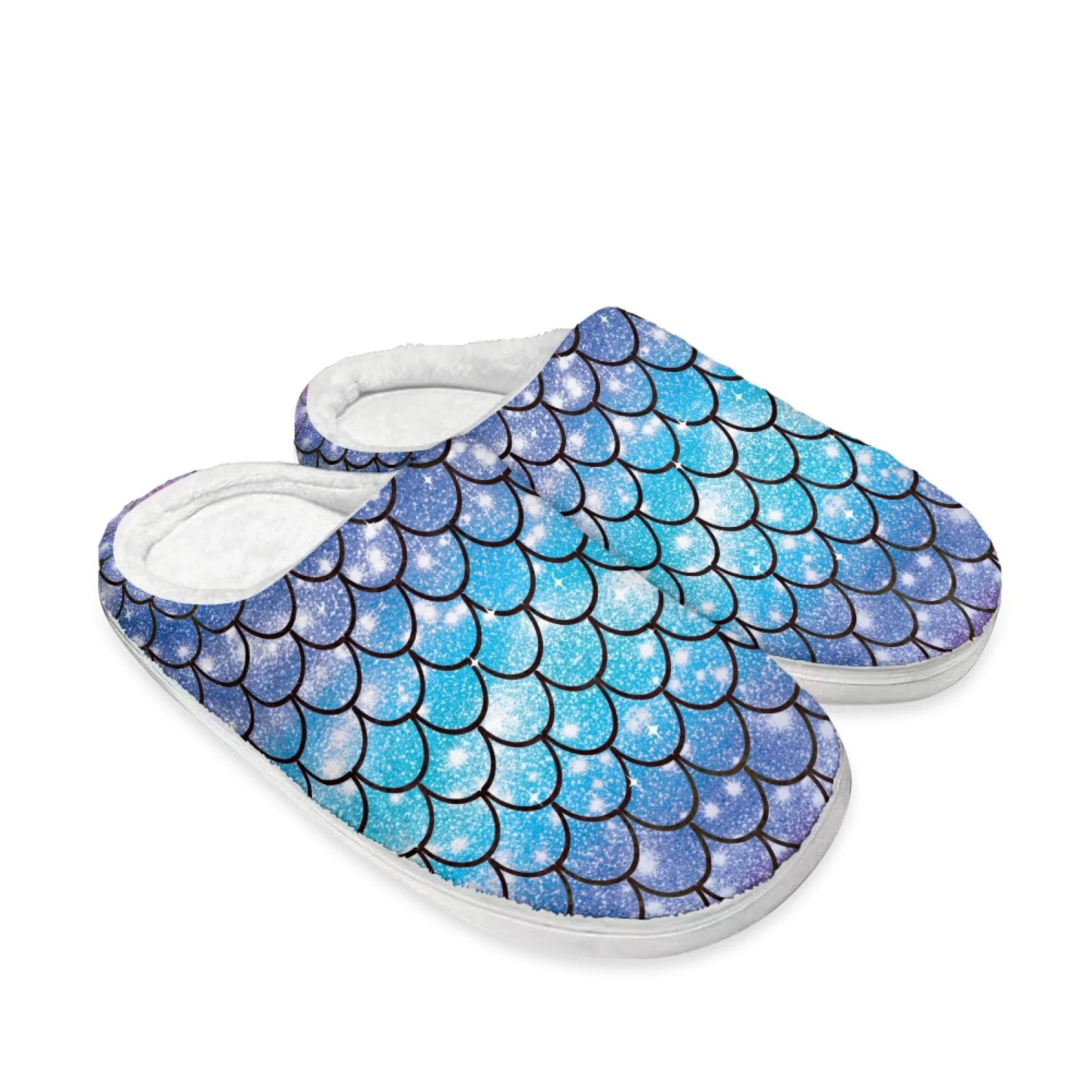 PENSTROLL Blue Scale Pattern Slip On Wide Width Plush Slides Quiet Sole Slippers For Dorm Room Cotton Slippers Size 35-47