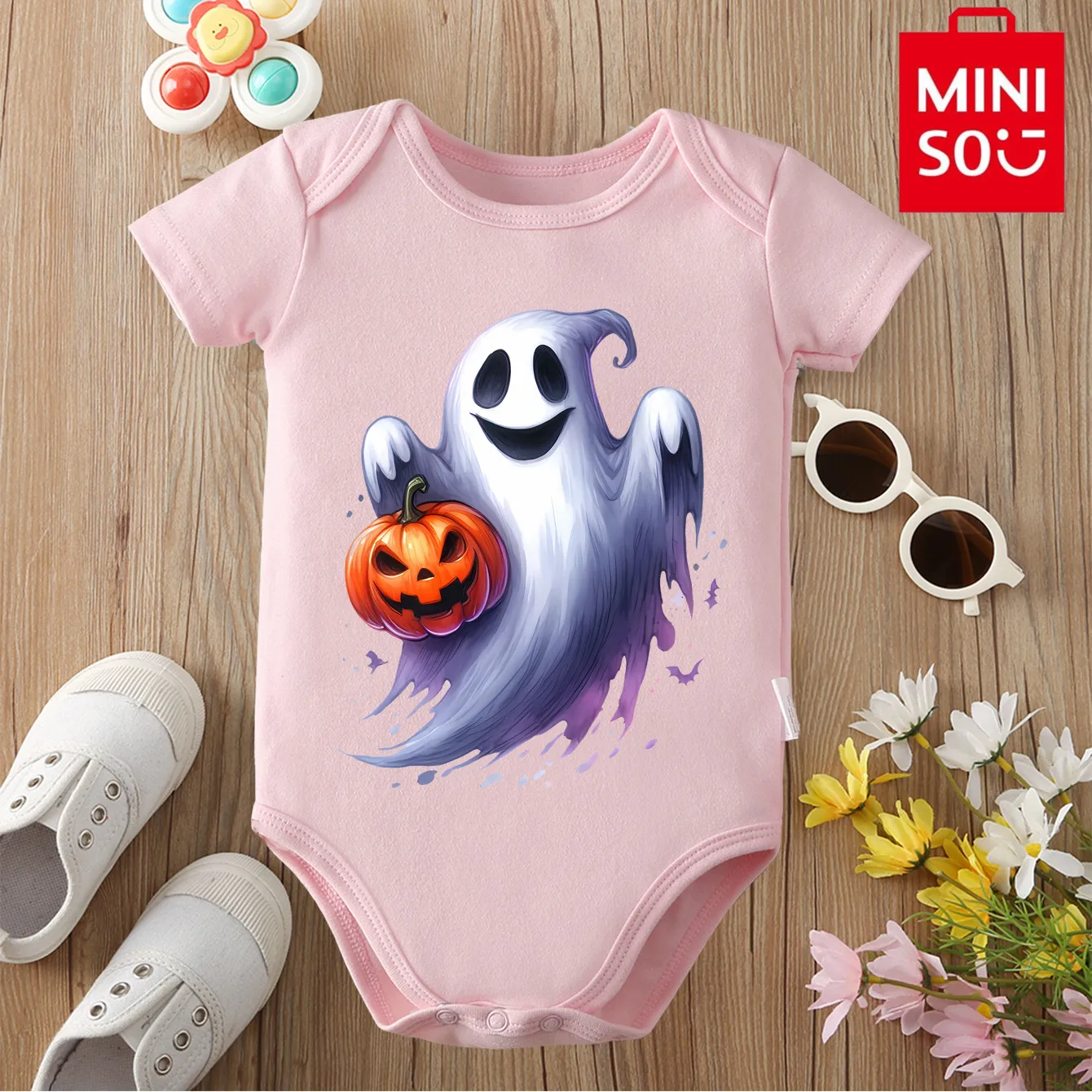 MINISO 100% ملابس قطنية بلدي أول هالوين شبح الخفافيش كاندي طباعة ارتداءها للطفل نيسيي بذلة لحديثي الولادة 0 إلى 12 شهرا