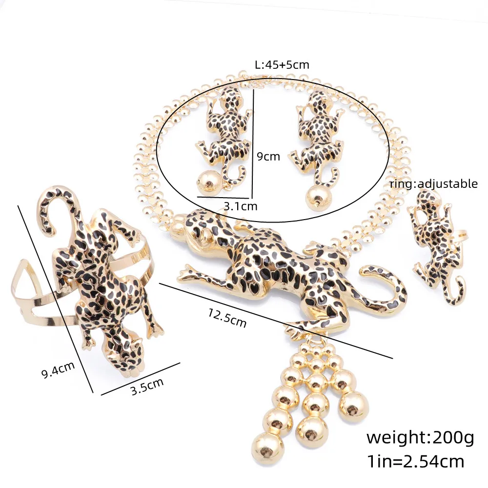 Dubai Gold Color Enameled Leopard Jewelry Set Luxury Nigerian Woman Wedding Costume Design Necklace Earring Ring