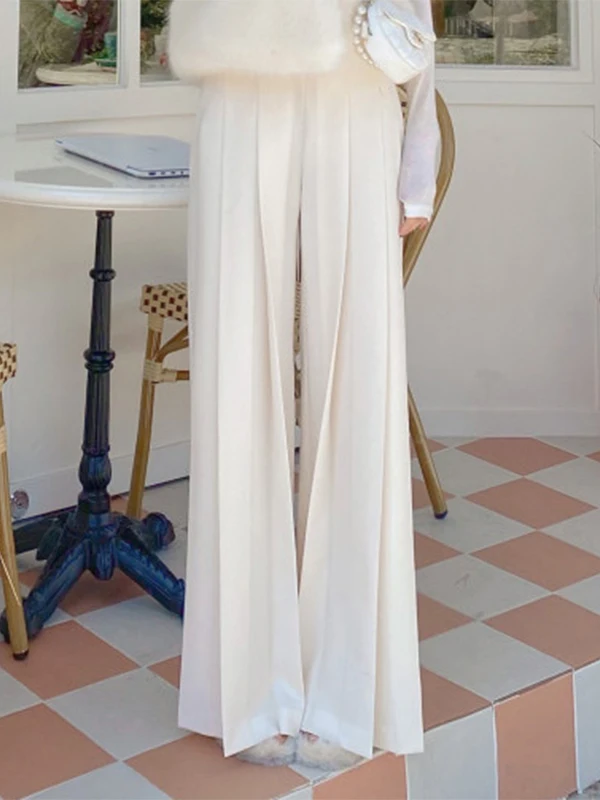 Korean Style High Waist Wide Leg Pants Women's Fashion Pleated Design Draped Straight Loose Floor-Length Casual Trousers