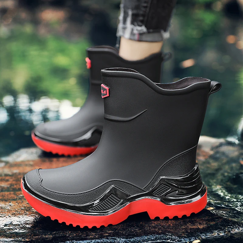Men's fashion Mid top casual rain boots four seasons non-slip waterproof outdoor wading fishing water shoes car wash rain shoes