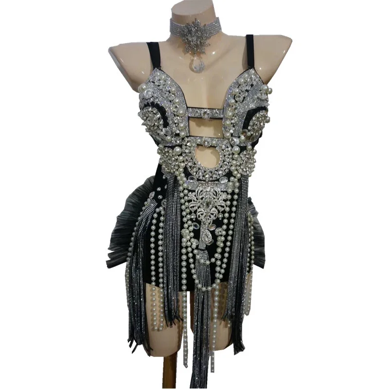 Sexy Pearl Tassels Bodysuit para Feminino, Macacão Brilhante Cristais, Macacão Diamante Brilhante, DJ e DS Dance Show Traje