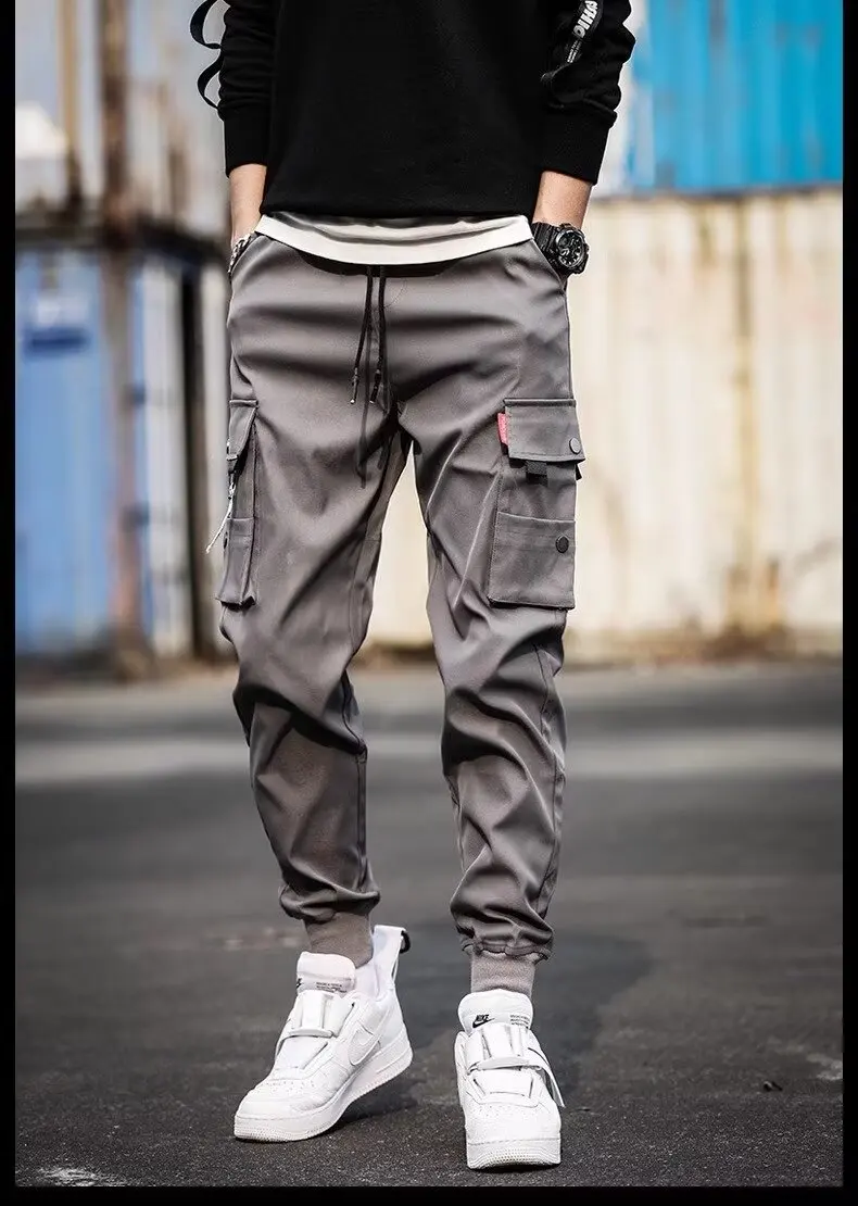 

Multi Pockets Solid Color Casual Cargo Pants Mid-Rise Elastic Waistband Drawstring Shrinkable Cuffs Men Sweatpants