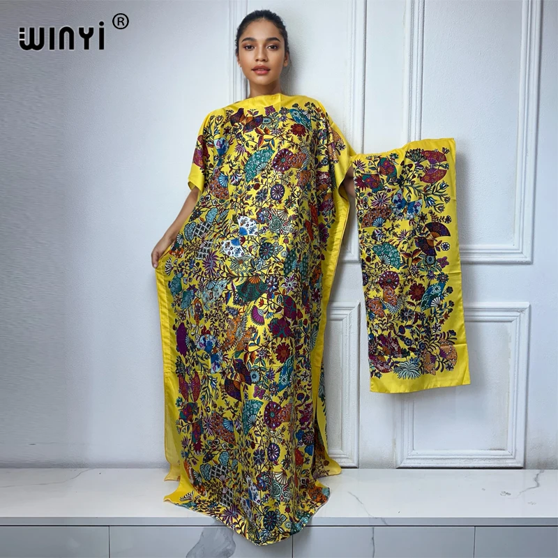 

WINYI abaya women muslim dress flower print Crew Neck Long Sleeve Kaftan Dress, Elegant Maxi Length Dress, Women's Clothing