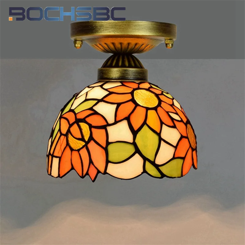 

BOCHSBC Tiffany style stained glass yellow sunflower 8-inch small ceiling light for bedroom hallway hallway balcony LED decor