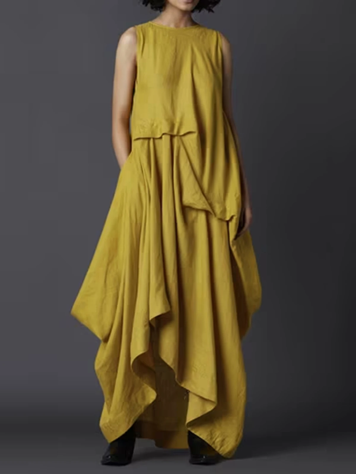 Letnia sukienka z kieszeniami damska wycięcie pod szyją z guzikiem z tyłu nieregularne sukienki Maxi kobiece eleganckie modne na co dzień luźna sukienka bez rękawów