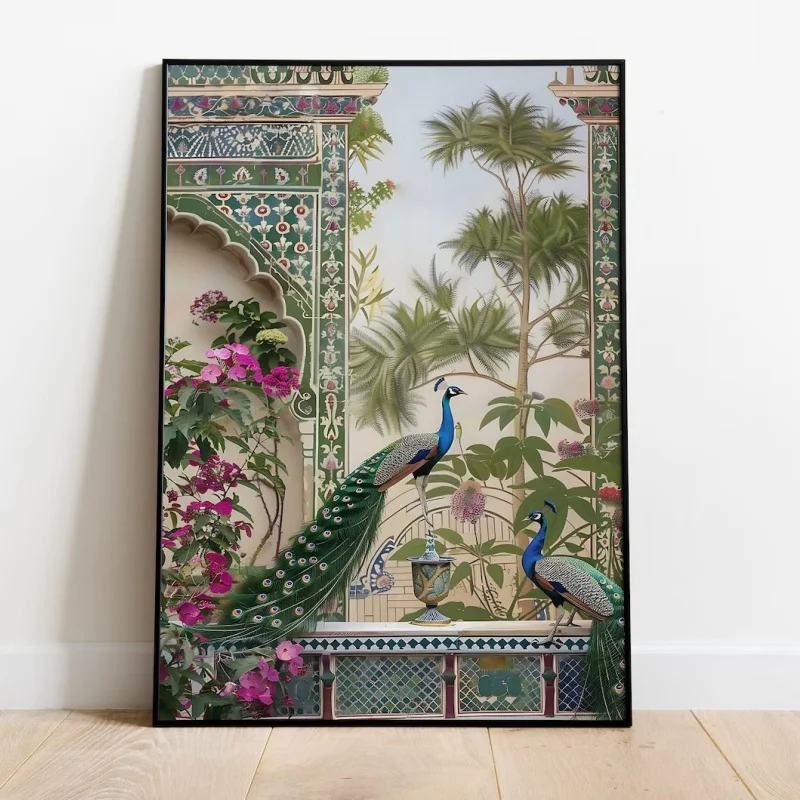 Peacock Mughal Art Print, Indian Palace Royal Painting Home Decor Frameless Canvas Art Wall Decoration Poster