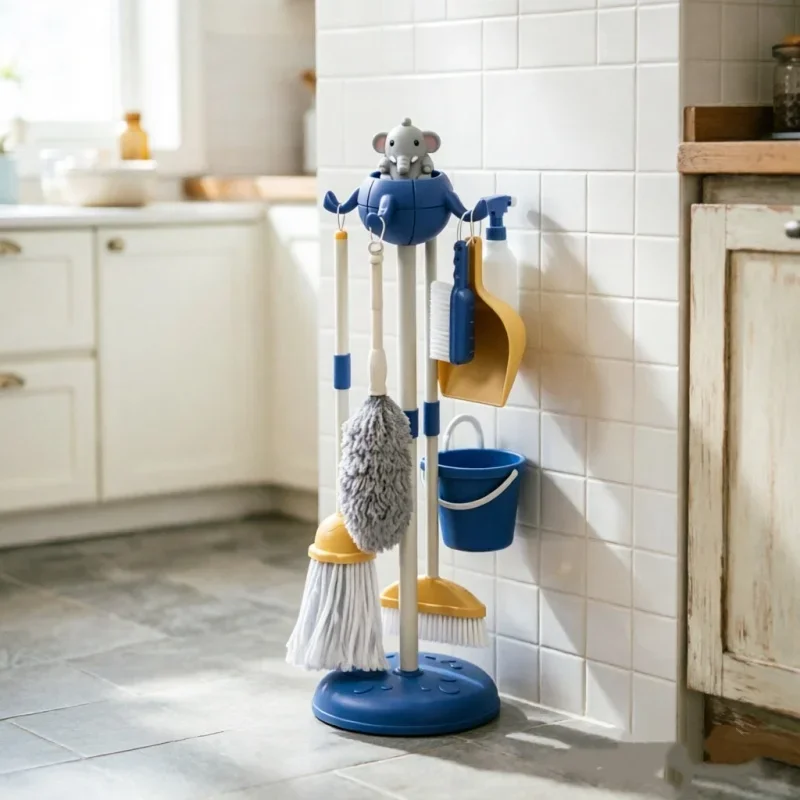 8 In One Simulated Cleaning Tool Set Storage Stand Broom Mop Duster Sprayer Bucket Indoor Household Labor Practice Accessory