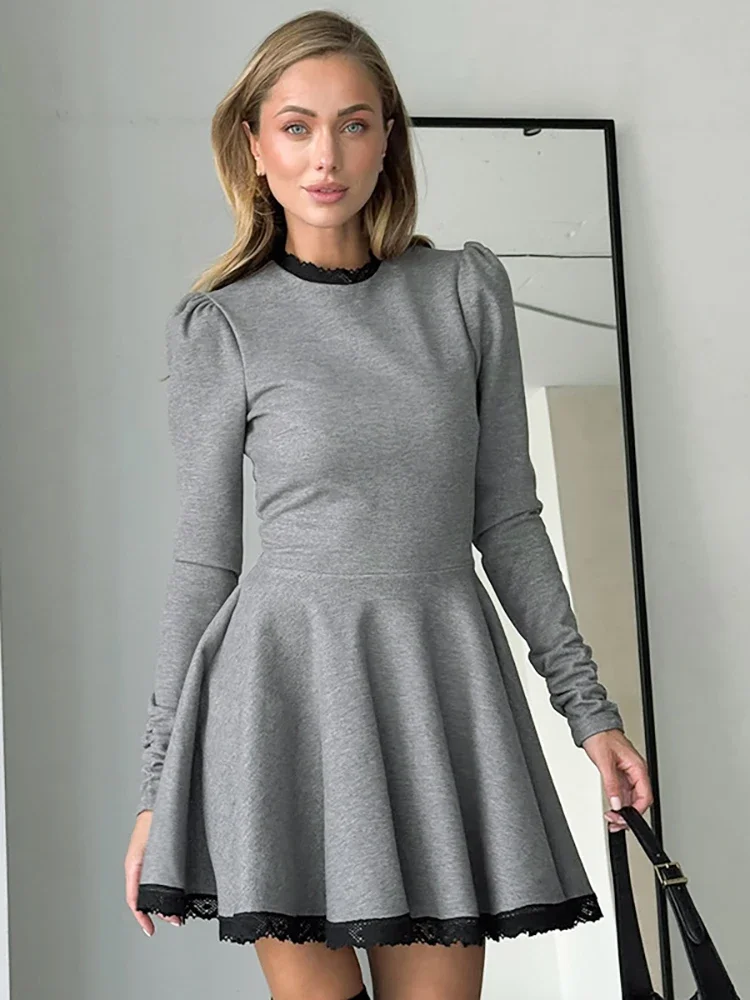 

Patchwork Round Neck Lace Women Dress Gray Long Sleeve A-line Mini Dress Female Winter New Elegant Party Club Dresses