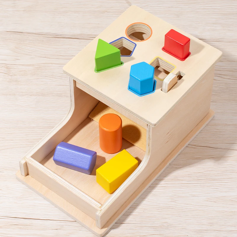 Wooden Shape Matching Toy Box with assorted colorful blocks helps children develop early hand-eye coordination and shape recogni