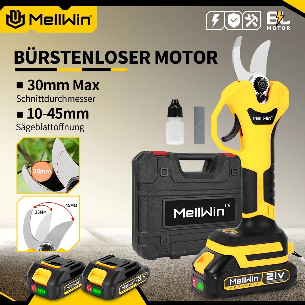 MELLWIN Bürstenlose 30mm Elektrische Gartenschere für Obstbäume und Bonsai, Elektrische Astschere, Elektrowerkzeug für Makita 18V Akku