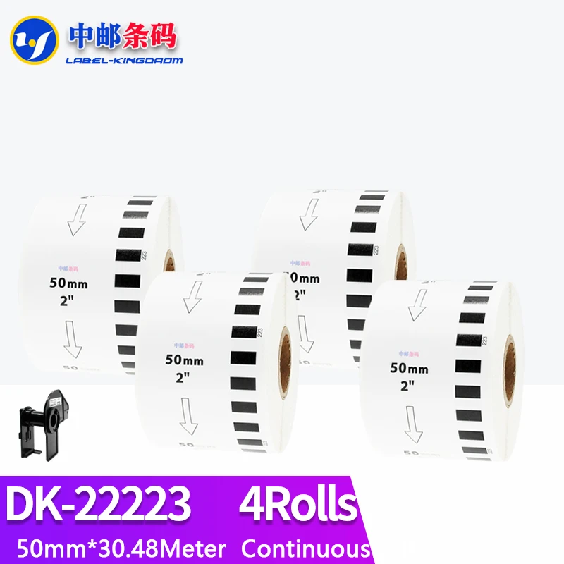 4 Refill Rolls Generic DK-22223 Label 50mm*30.48M Continuous Compatible for Brother Thermal Printer White Color DK-2223 DK22223