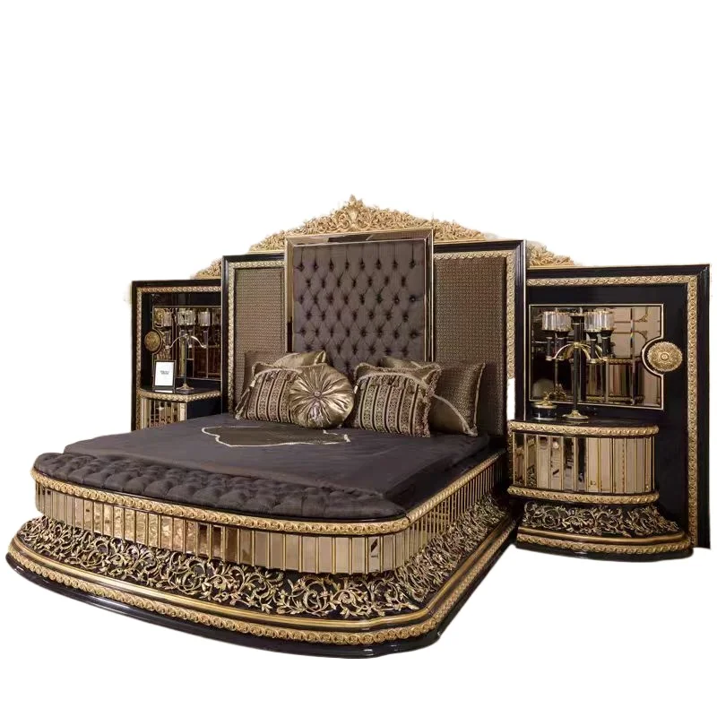 Luxury style modern environmentally friendly durable bedroom furniture set, carved double king bed frame, upholstered bed