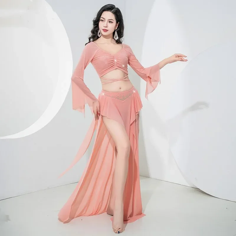 Chifre manga longa vestido de dança oriental brilho strass brilho saia sexy lado split carnaval fantasia feminino trajes adultos