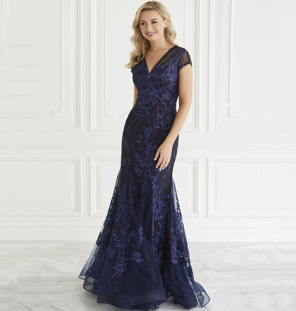 Vestido azul marino de sirena para madre de la novia, cuello en V, manga corta, Vestido largo de fiesta de graduación, apliques de encaje de