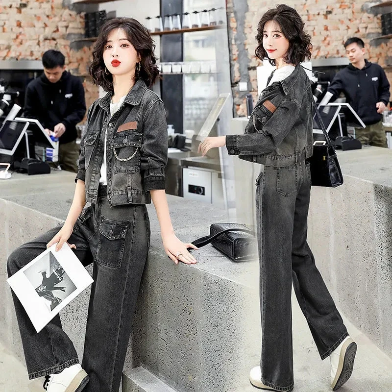 European Casual Denim Jacket Women's 2022 Spring And Autumn New Fashion Slim Jeans Suit Two Piece Suit Female Pant Suits Gray