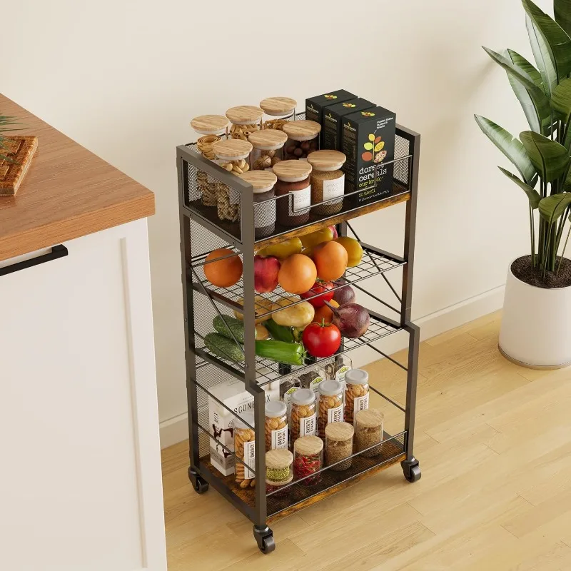 4-Tier Rolling Storage Cart Organizer with 2 Mesh Sliding Trays,Can,Drink,Snack Organizer Shelves, Retro Utility Cart on Wheels