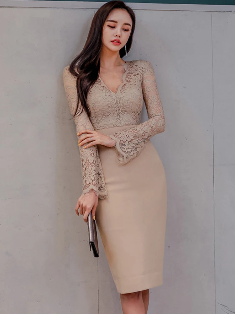 Korean Fashion Ladies Work Style Pencil Dresses Women Clothing Elegant Office Commute Lace Sexy V-Neck Slim Dress Mujer Vestidos