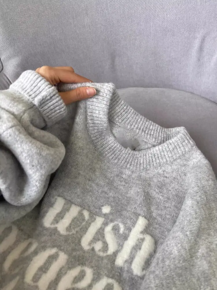 

American Retro Letter Embroidery ey Knitted Sweater Women's Loose Autumn Winter round Ne Soft Warm Knitwear Top