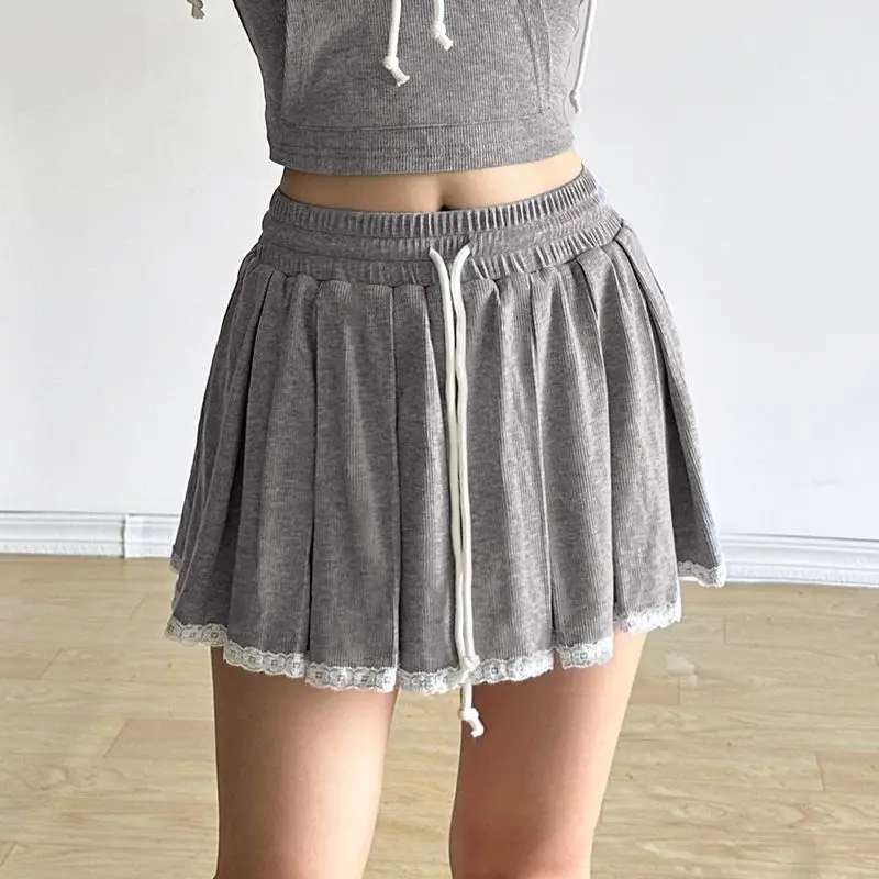 Mini Skirt Pleated Lace Patchwork Lace UpLow Waist Y2K Sexy Summer New Elastic Waist Short Skirt High Street Party Skirt