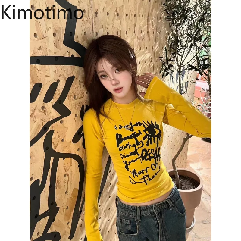 

Kimotimo Retro Letter Print Long Sleeve T-shirt Women Y2k Aesthetic O-Neck Slim Fit Base Crop Tops Autumn Casual Streetwear New