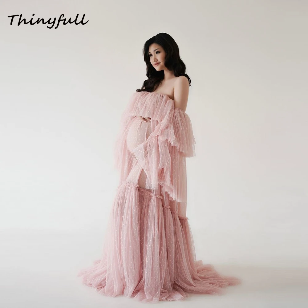 

Thinyfull A-line Dotted Tulle Maternity Dress Off Shoulder Long Sleeves Pregnant Woman's Gowns Long Prom Gowns Customized