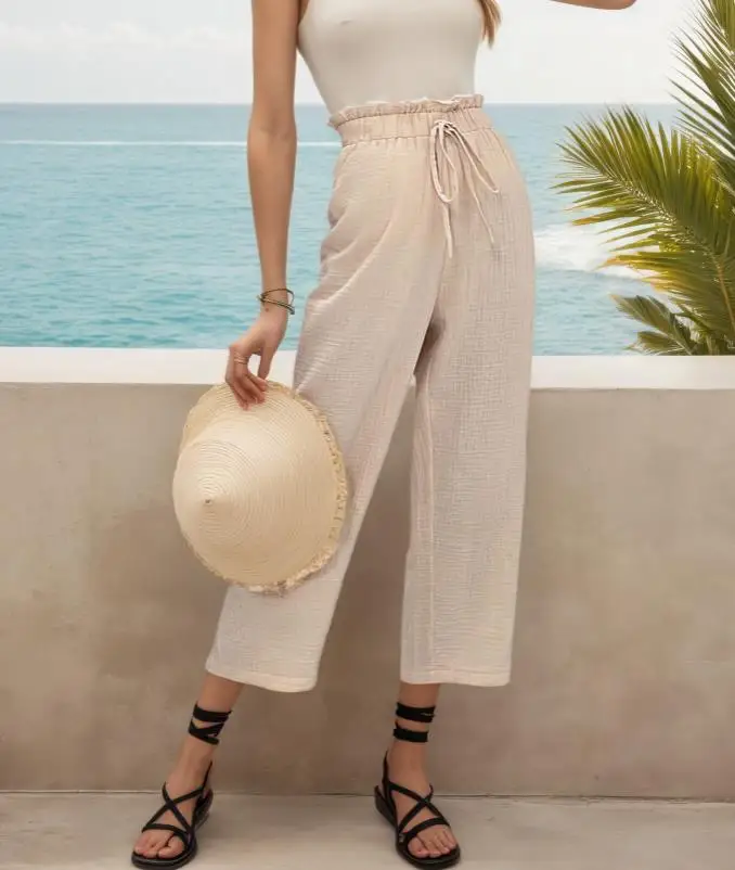 Calças Elegantes Casuais de Verão para Mulheres, Cintura Alta, Cor Sólida, Com Cintura Elástica, Largas e Soltas