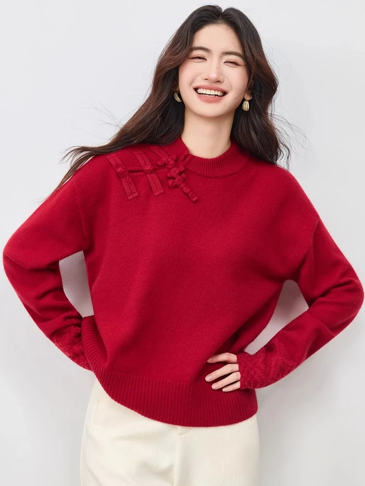 

SENTUBILA Women's Pullover Sweater 2025 Autumn Winter Chinese Knot Buckle Slanted Placket Loose Elastic Knitted Top W54EE3851