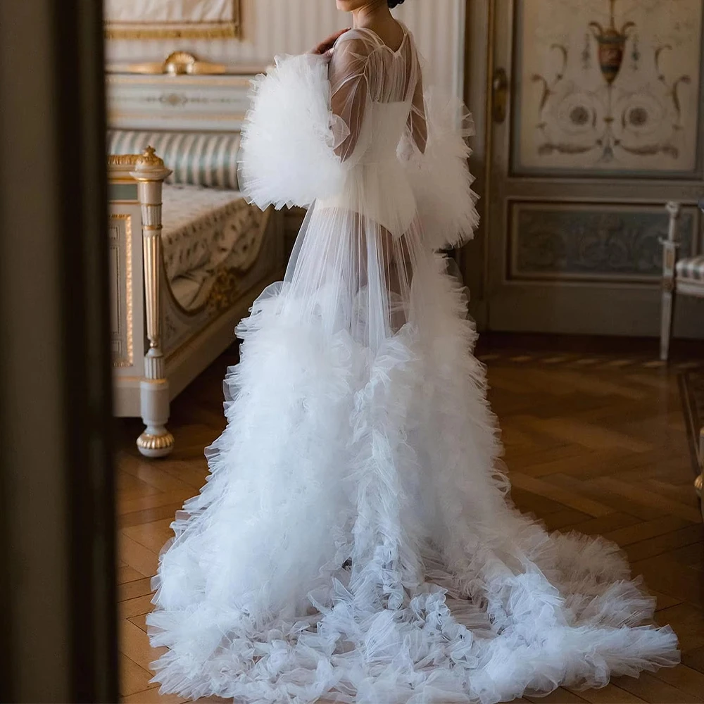 White Women Evening Dresses Pregnant Robe Wedding Prom Dress for Photo Shoot Ruffles Tulle Bridal Boudoir Sleepwear Nightwear