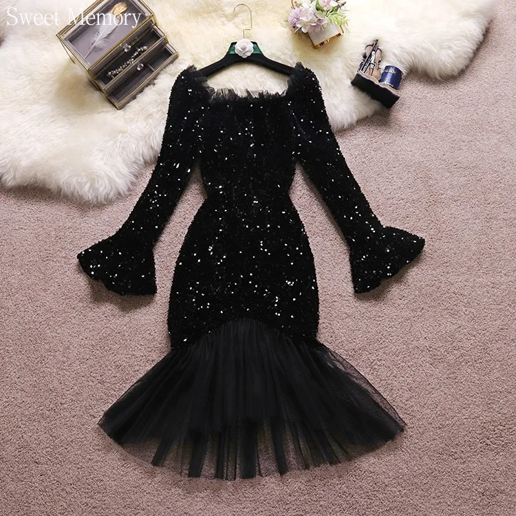 N178 Black Grey Sequin Cocktail Dress Lady Women Winter Square Neck Ruffle Sleeve Mermaid Prom Party Dresses Girl Female Robe