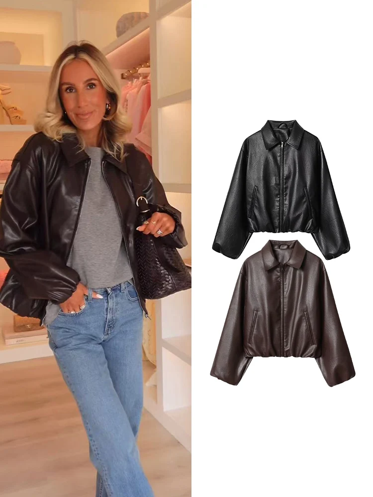 レディースPUジッパーショートジャケット ヴィンテージカジュアル 長袖 ターン ダウンカラー コート 2025秋冬 レディースレザー ストリートウェア