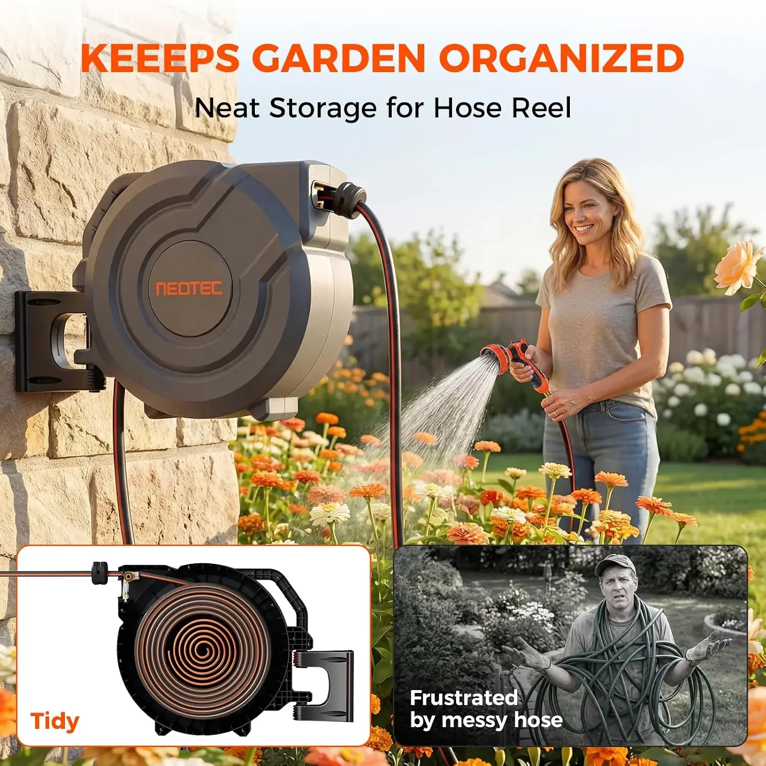 Upgraded Retractable Garden Hose Reel 5/8 inch x 100 ft Wall-Mounted 9 Pattern Nozzle Any Length Lock Automatic Slow Return
