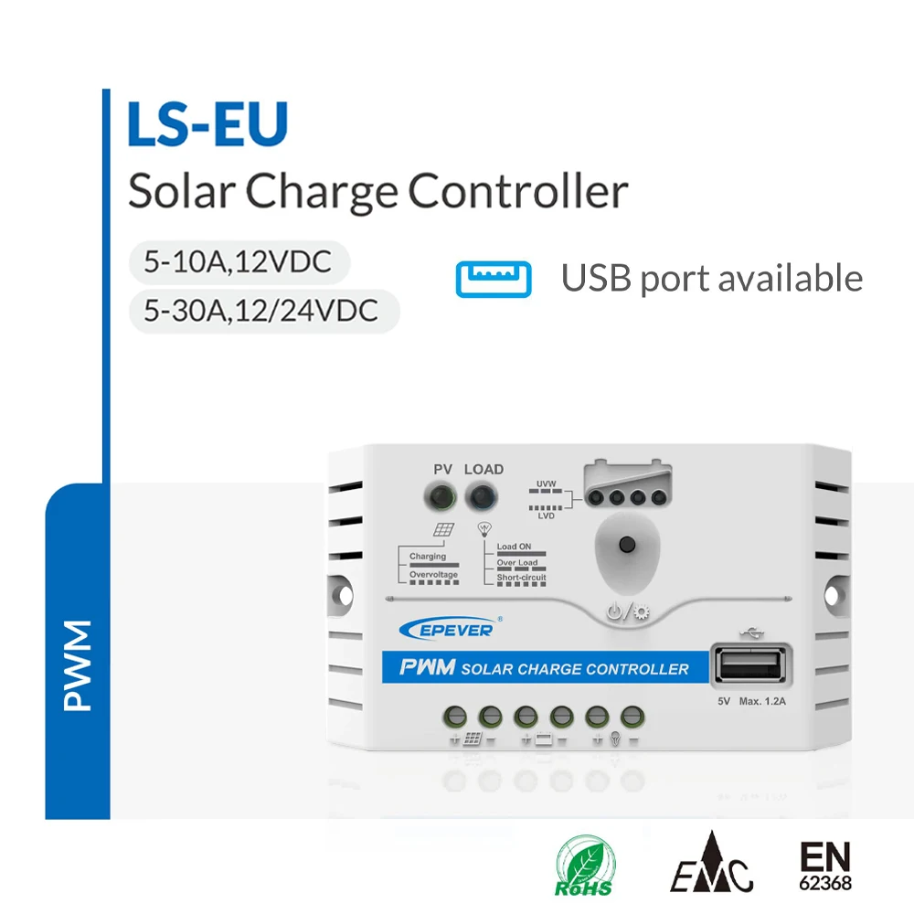 

EPEVER PWM Solar Charge Controller LS0512EU 5A 10A 20A 30A 12V 24V DC USB Terminal Can Charge Phone