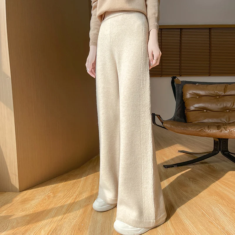 Cashmere Wide Leg Pants Women's Knitted High Waisted Pants 100% Pure Wool Straight Leg Pants Autumn Winter Thick Warm Wool Pants