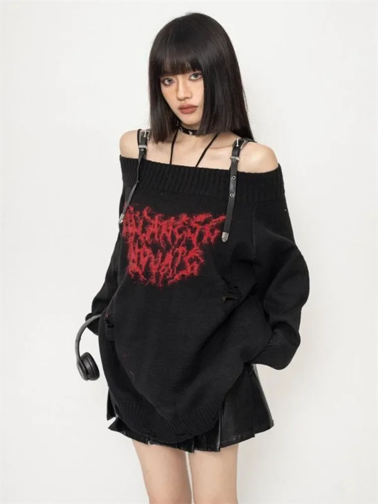 Harajuku Gothic Hollow Out Oversized Knitted Jumpers Grunge Jacquard Sweater Fashion Knitwear Y2k Aesthetic Slash Neck Pullover