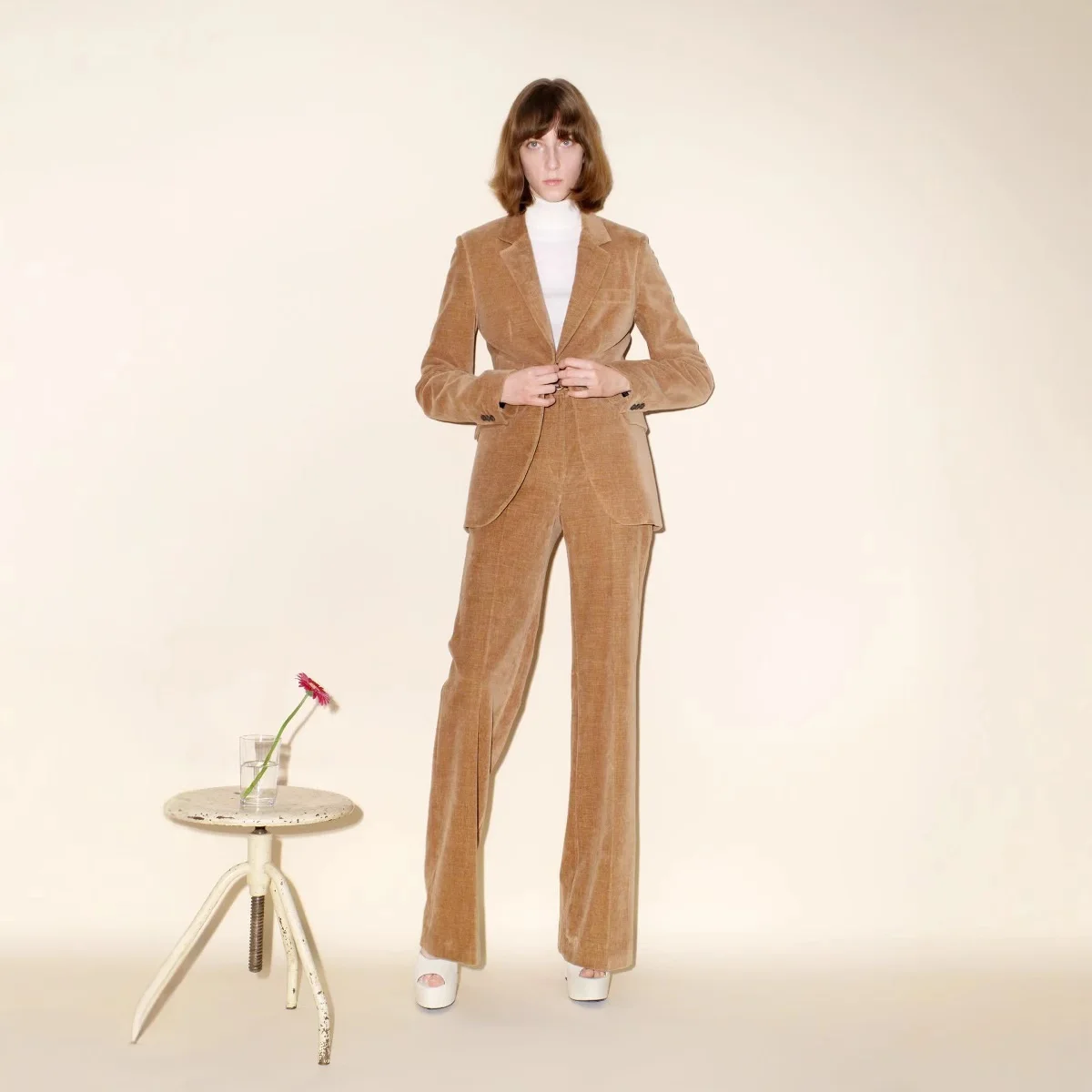 2025 printemps automne nouveau costume à bouton unique pantalon ensemble revers irrégulier Simple chameau femmes costume pantalon ensembles traf femme ropa mujer