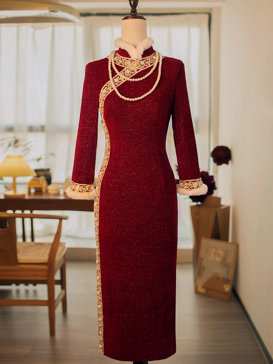 Vestido Rojo de Terciopelo de Longitud Media con Cuello de Borreguito para Mujer, Vestido de Otoño Invierno para Ba...