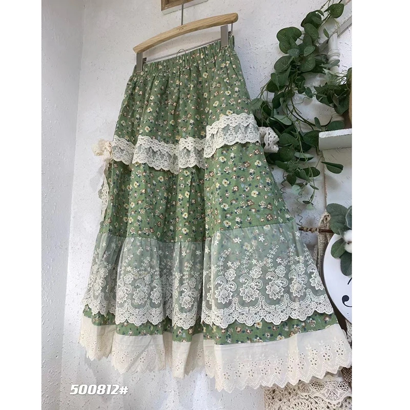 2026 New Arrival Spring/summer Women Loose Casual Floral Print A-line Skirt Cotton Linen Lace Patchwork Mid-calf Skirts T130