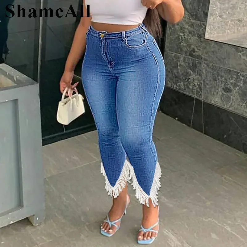 Plus Size Tassel Patchwork Vintage Stretchy Skinny Knee Length Distressed Mom Jeans Breeches Denim Jeggings Pant Leggings Capris