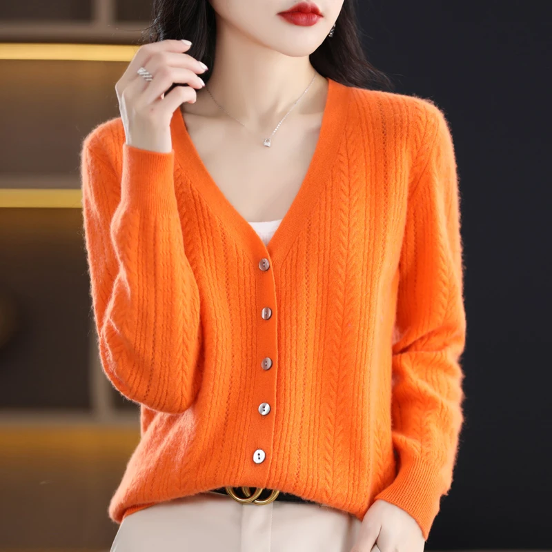 New Spring Autumn Pure Wool Cardigan Women\'s V-neck Merino Wool Knitted Jacket 2023 Korean  Westernized Pure Color Versatile Top